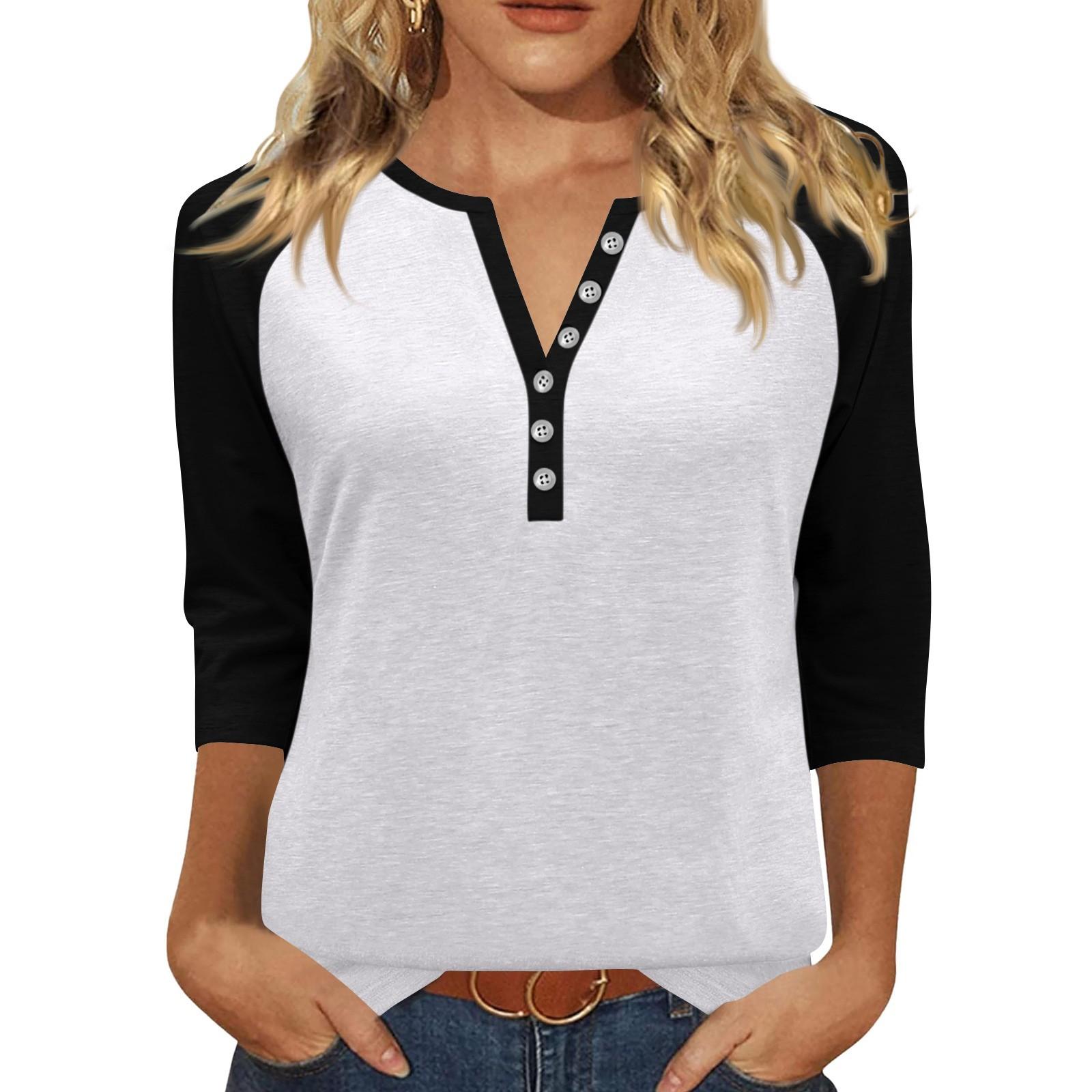 

Жен. Футболка С принтом Пуговицы Рукав 3/4 Повседневные Выходные Мода Классический Классический V-образный вырез Обычный Верх XXXL белый