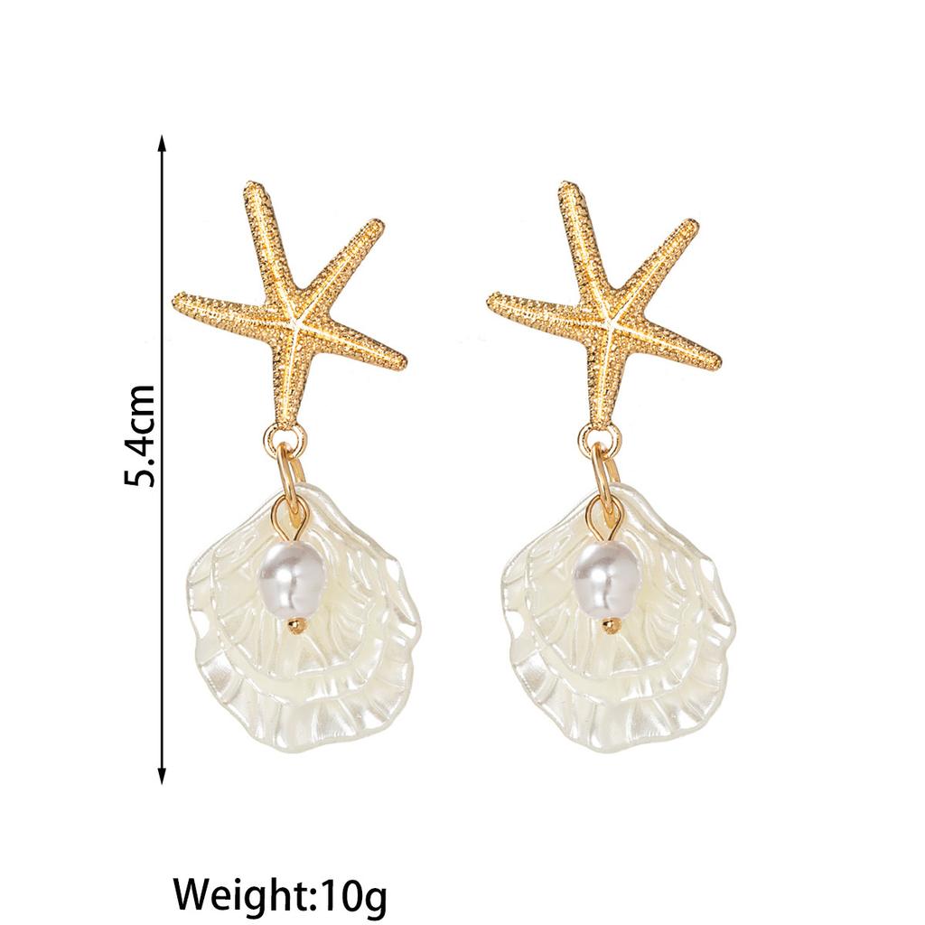 Summer Beach Vacation Style Alloy Starfish Pendant Imitation Pearl Scallop Tassel Earrings for Women Fashion Accessorie Jewerly