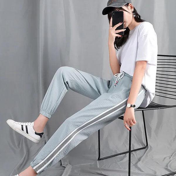 Women's Spring Summer Large Size Trousers Solid Color Elastic Waist Long Pants Slim Casual Striped Sports Pants