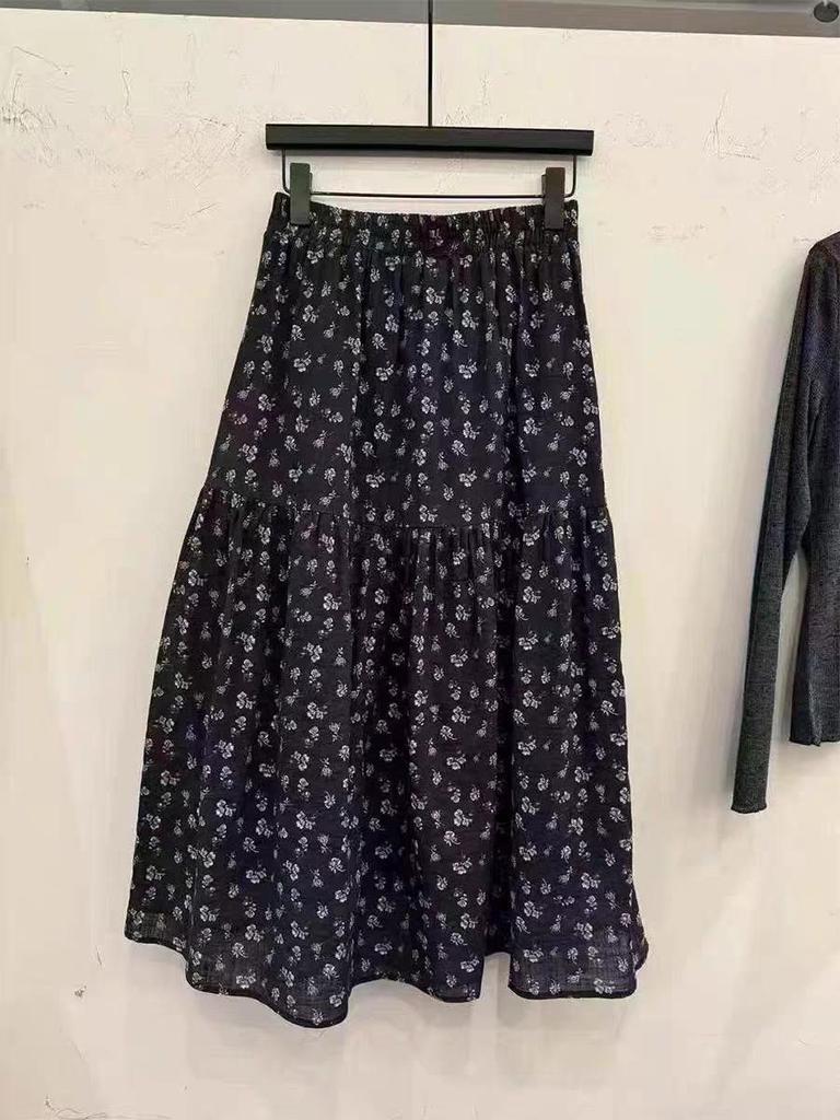 Korean Retro Floral Print Midi Skirt for Women - 2025 Spring/Summer Elastic Waist A-Line Umbrella Skirt