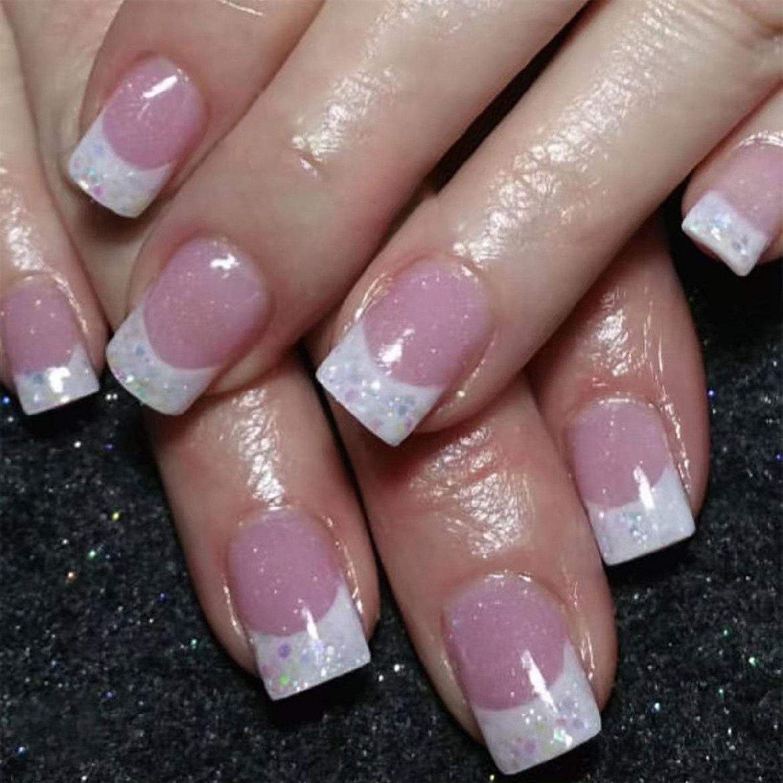 

Элегантные средние квадратные накладные ногти глянцевые французский кончик акриловые накладные ногти для модных женщин и быстрого маникюра