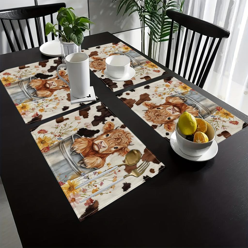 Set von 4/6 Blumige Küchentischdekoration Farm Hochlandkuh Restaurant Dekoration 100% Leinen Quadratische Tischsets Handwäsche Entzückende Kuhmuster Platzsets