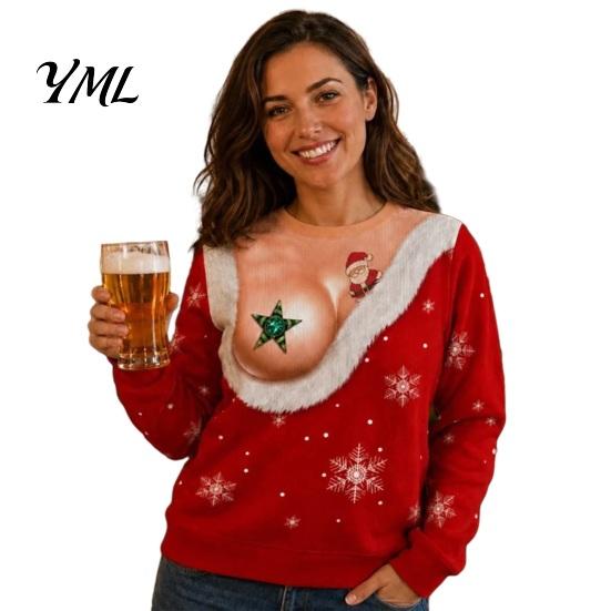 Lightweight Sweatshirt Christmas with Exposed Breast Print, Long Sleeve Crewneck Pullover for Women Shirt Women, Fake Low Cut Boob Pattern Top