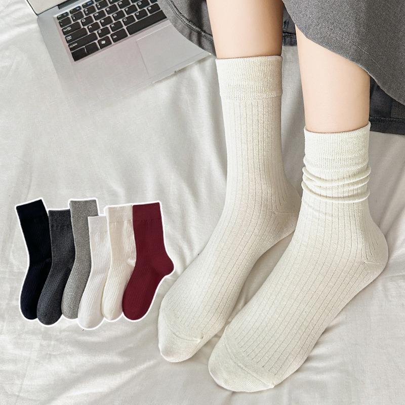 Female Spring and Autumn All Match Pure Color Boneless In The Tube Pile Pile Cotton Socks