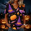 Women Casual Short Sleeve V Neck Pullover Top Halloween Pumpkin Print Lightweight Loose Fit Blouse for Everyday Wear