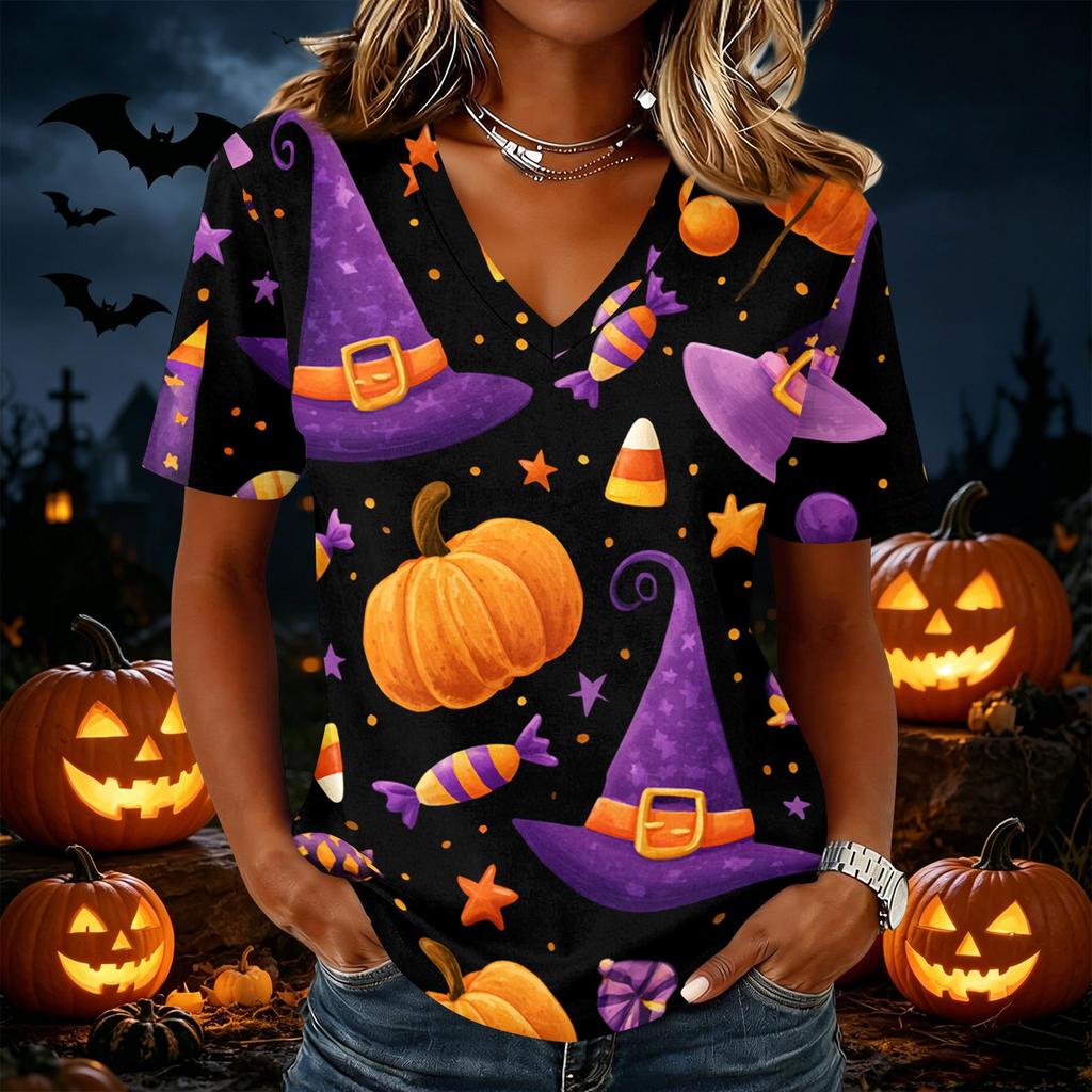 Women Casual Short Sleeve V Neck Pullover Top Halloween Pumpkin Print Lightweight Loose Fit Blouse for Everyday Wear