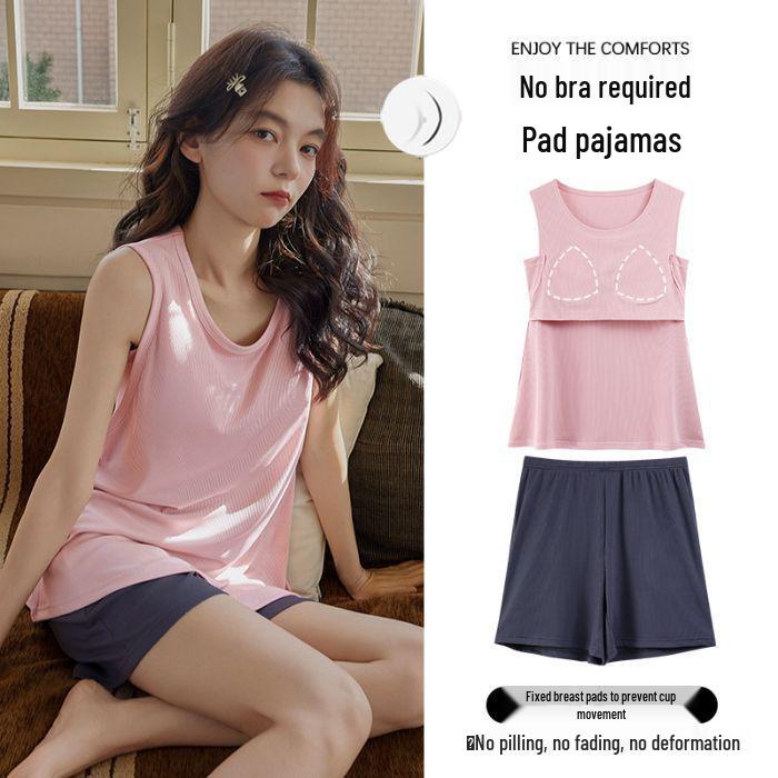 

2025 Cool Ice Silk Women s Ribbed Pajama Set with Chest-Pad Tank Top - Summer Solid Color L - Large