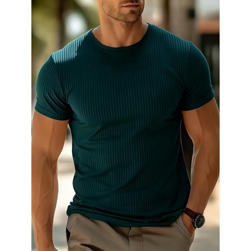 Men Crew Neck Short Sleeve T Shirt Vertical Ribbed Knit Slim Soft Stretchy Basic Daily Casual Pullover Tops