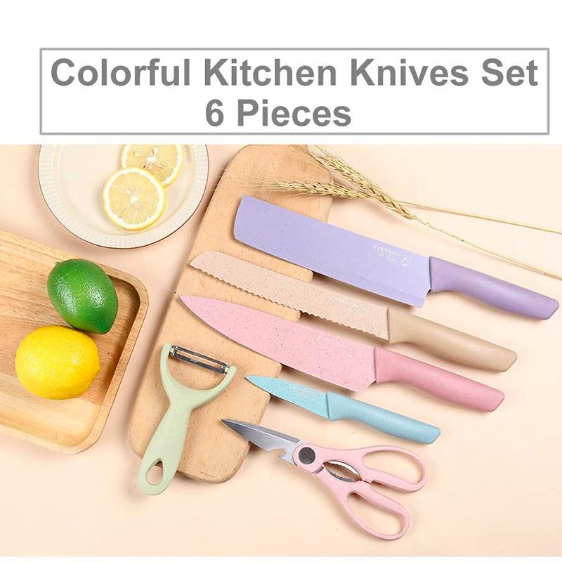Kitchen Knife 6Pcs/Set High and Good Quality Corrugated Colorful Stainless Steel Chef Knife Bread Household Knife Cleaver Scissors Kitchen Bar