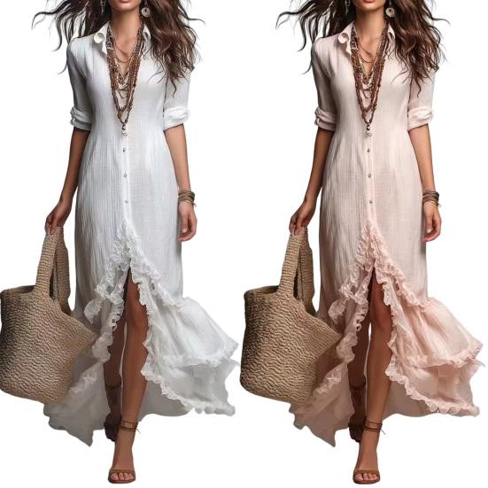 Women's 46085 Sleeve Button Dress Layered Down Maxi Ruffle