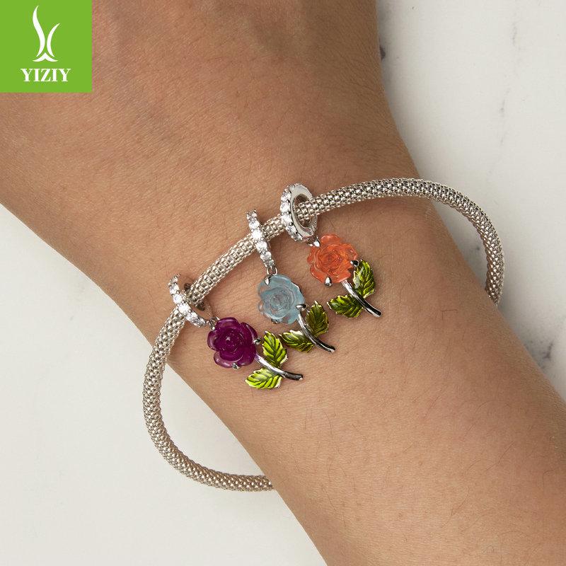 Yinziyun S925 Silver Rose Pendant with UV Color-Changing Flower Beads for DIY Bracelet