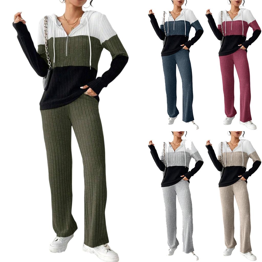 Women's Loose And Comfortable Hooded Drawstring Zipper Color Blocked Casual Fashion Top Solid Color Pants Set