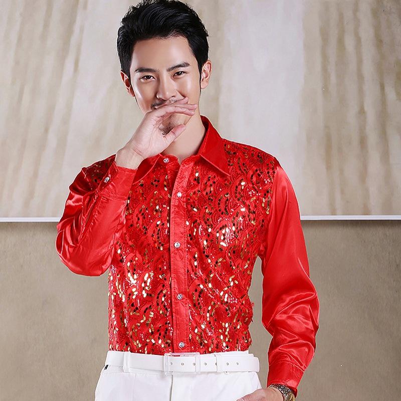 Men's Sequin Chorus Performance Shirt for Middle-Aged & Elderly - Red Stage Costume for Evening Song and Dance