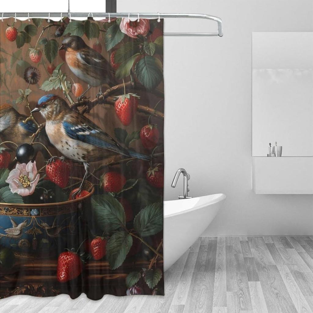 William Morris Flower Shower Curtain, Strawberry Thief Bird Animal Vintage Brown Shower Curtain Bathroom Decor Waterproof Privacy Shower Curtain