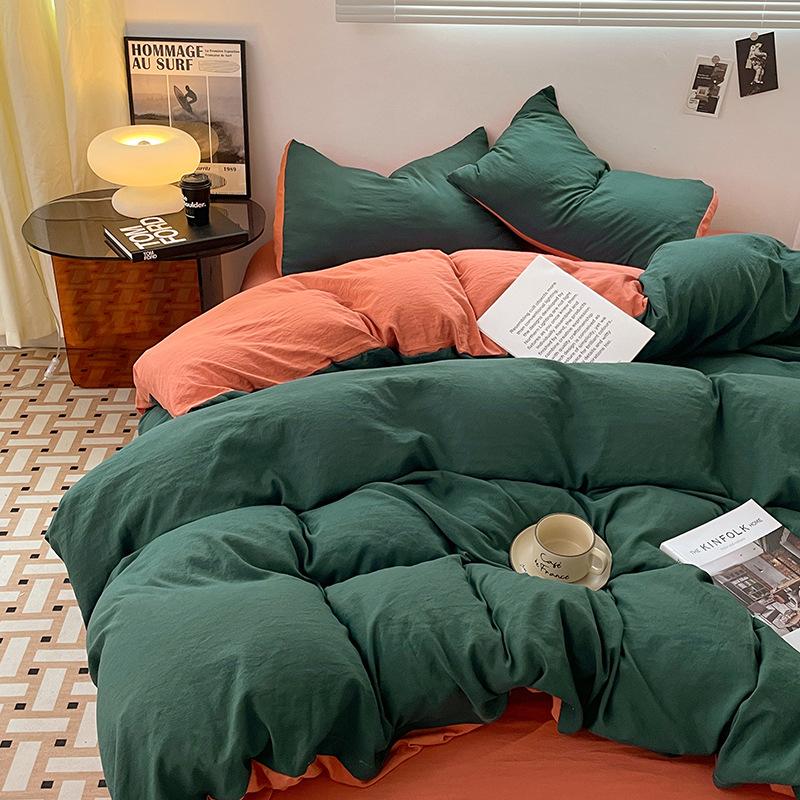Four-piece Set for Sleeping Naked On Winter Bed, Washed Cotton Sheets, Quilt Cover, Fitted Sheet, Three-piece Set for College Dormitory