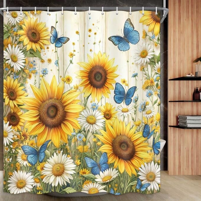 Rustic Sunflower Shower Curtain, Farmhouse Country Yellow Floral Waterproof Decor, Bright Botanical Bathroom