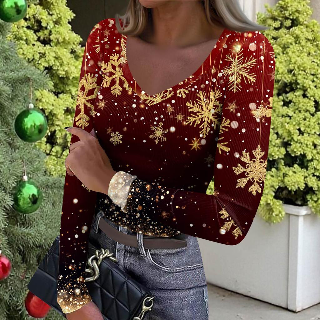 Women's Winter Slim-Fit Base Layer T-Shirt Fashionable Christmas Print V-Neck Pullover Long-Sleeved Top