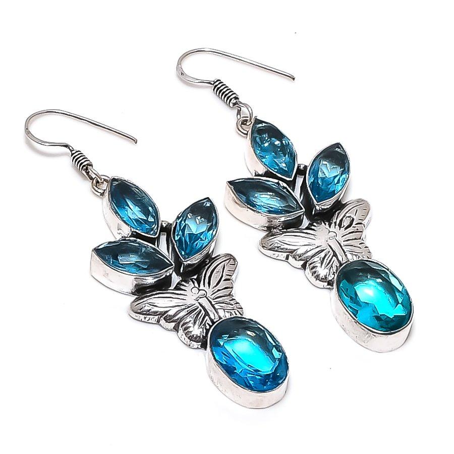 Natural Swiss Blue Topaz Gemstone 925 Sterling Silver Jewelry Earring 2.48" r3B56
