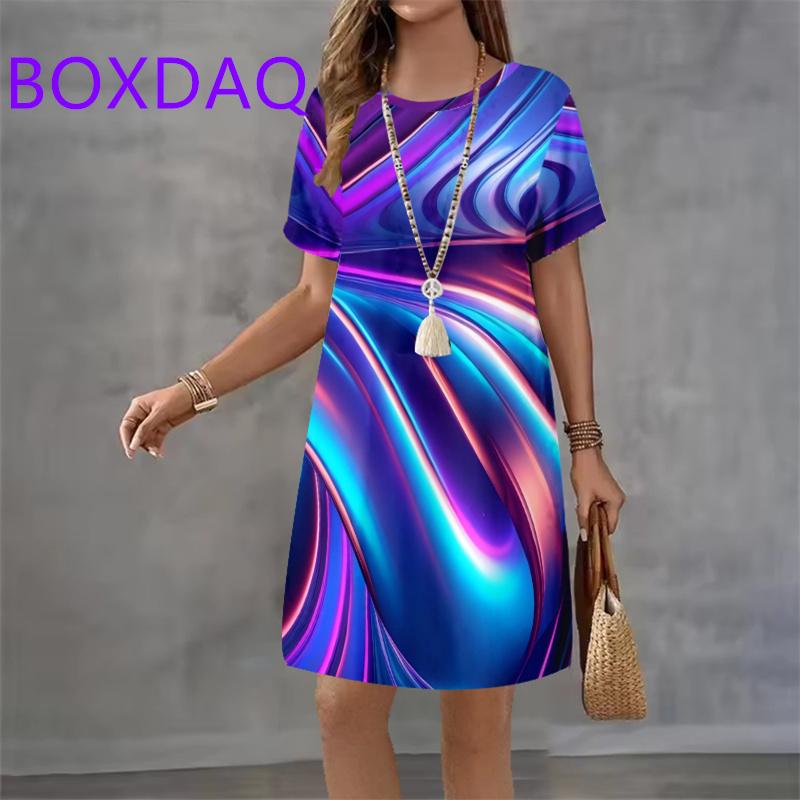 Vintage 3D Gradient Print Pattern Women Dress Summer New Elegant Casual Short Sleeve Mini Dress XXS-3XL Loose Women A-Line Dress