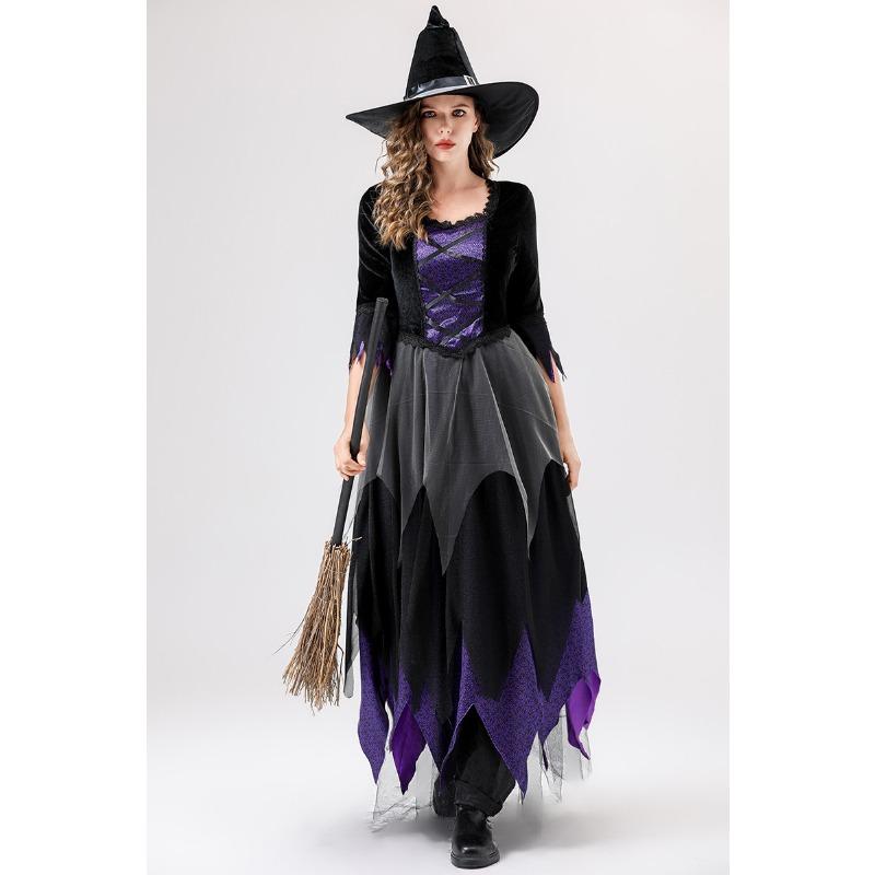 Dark gothic halloween costume witch long dress vampire reaper black purple dress