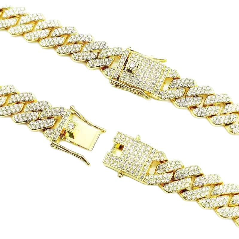 Bracciale Collana Trendy a Catena Cubana 14mm in Lega di Zinco e Strass - Stile Hip-Hop