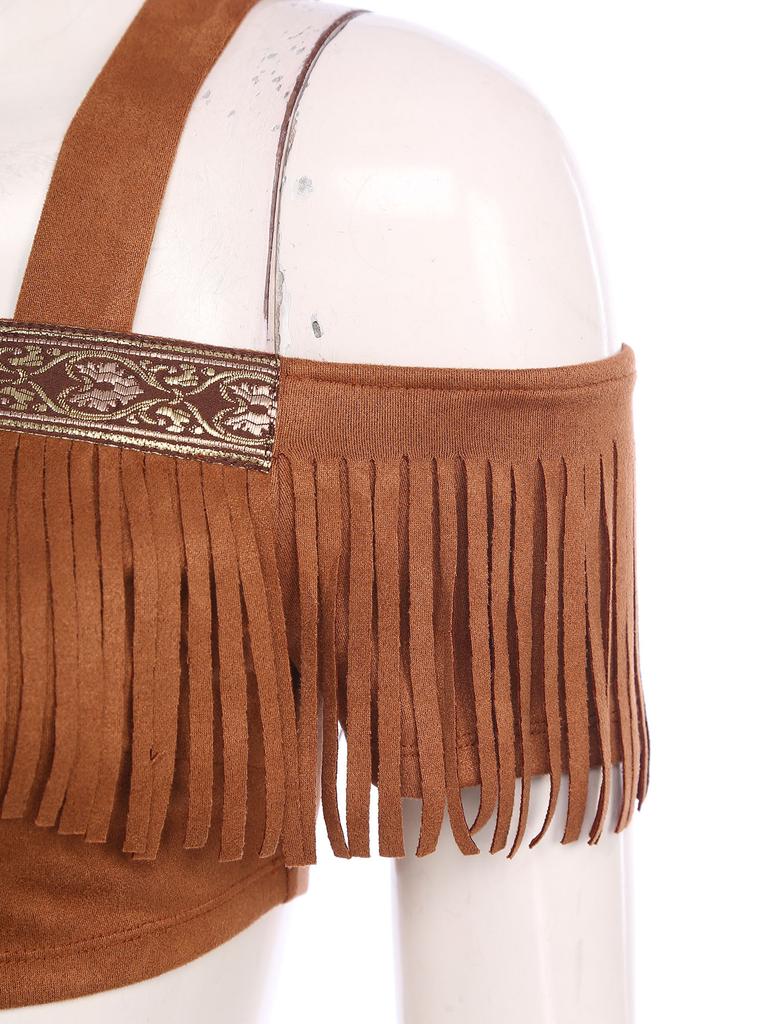 Womens Tribal Princess Set Off Shoulder Crop Top Mini Skirt Vintage Pattern Trim Tiered Tassel Faux Suede Costume