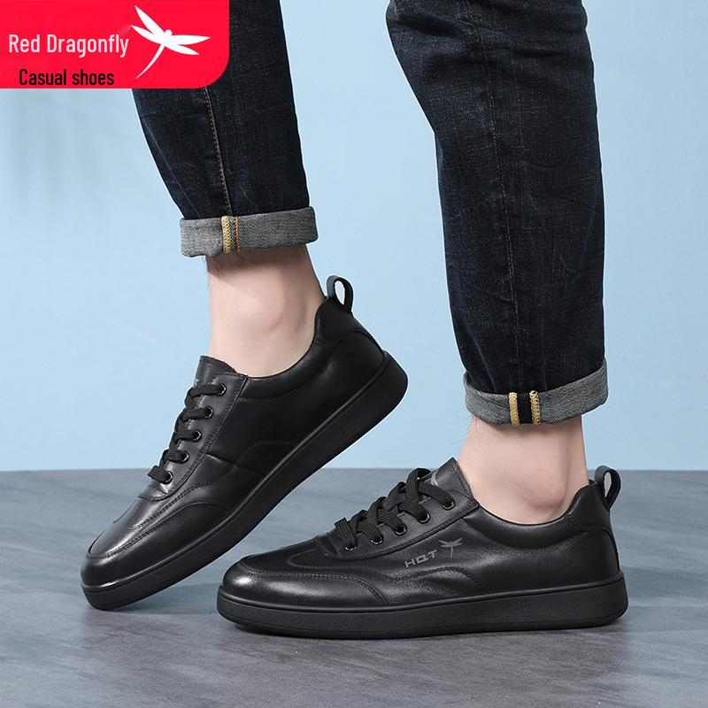 Red Dragonfly Men's Genuine Leather Sports Casual Shoes - All Black, Autumn/Winter 2025