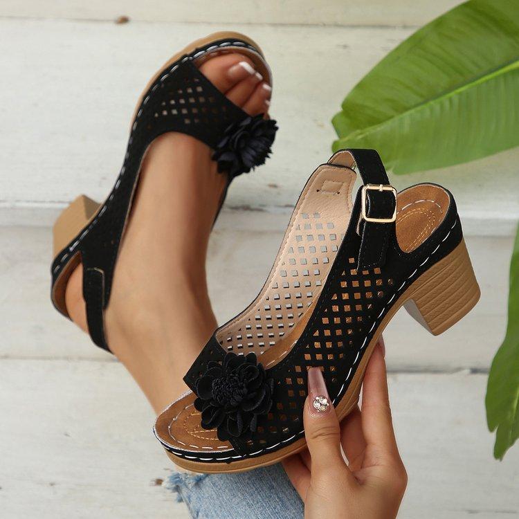 Flower high heel cool slippers women's summer fashion thick heel buckle with cool slippers women