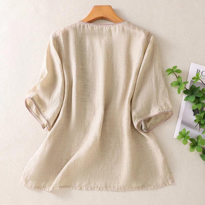 Top Retro in Stile Cinese in Cotone Lino da Donna Estivo Sottile Largo Maniche Corte Camicia T-shirt