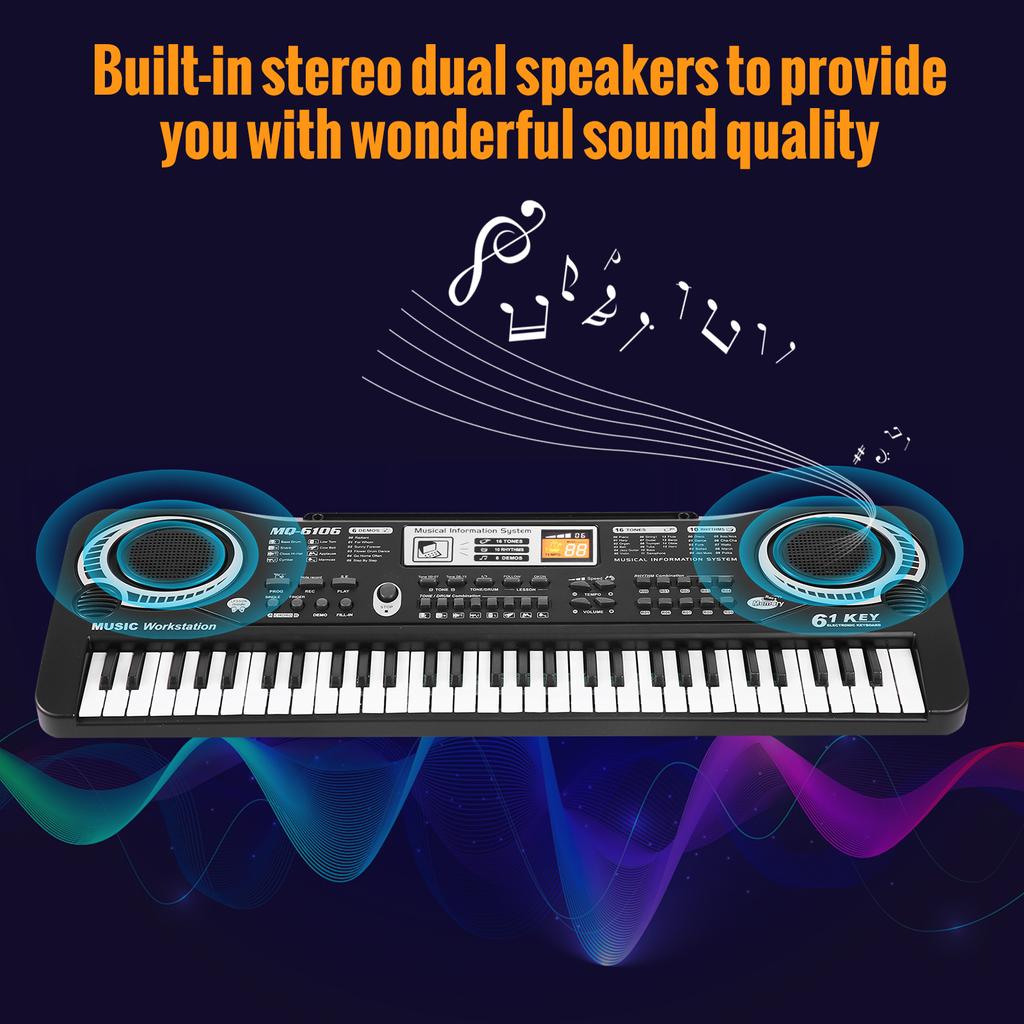 61 Keys USB Electronic Organ Kids Electric Piano with Microphone Black Digital Music Electronic