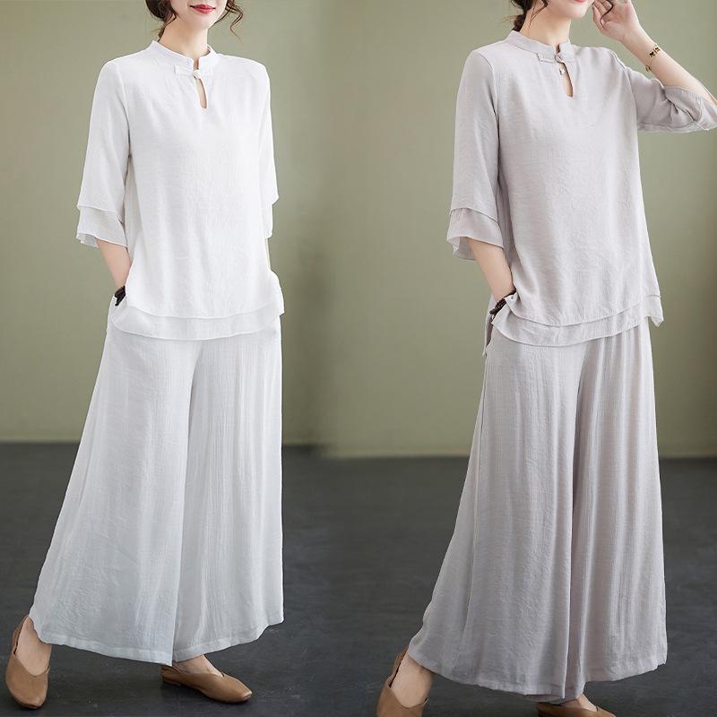 

Artistic Retro Stand Collar Top & Pants Yoga Set - 2026 Summer Collection, Tea Ceremony Inspired Two-Piece with Seven-Sleeve Design. M серый
