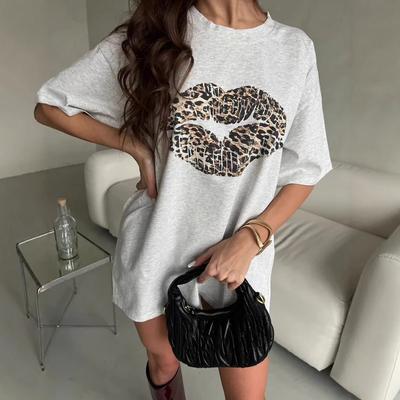 Summer Leopard Printed Pure Cotton T-shirts Women Harajuku Oversized Short Sleeve Gray Y2k Tops Streetwear Casual T Shirt Female