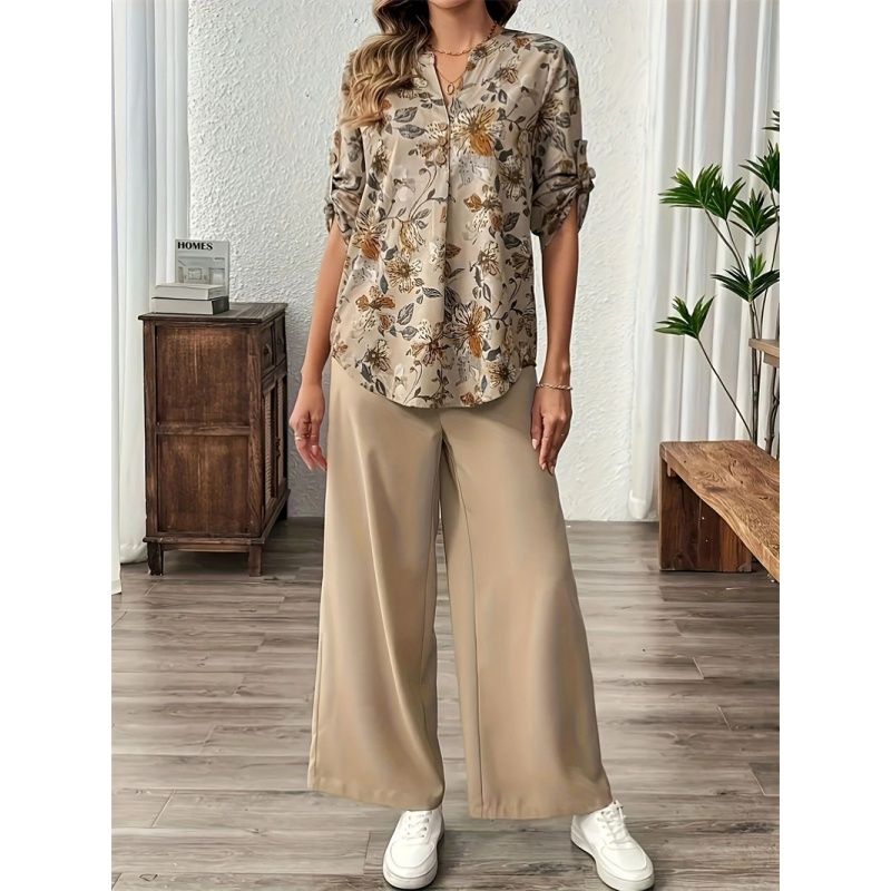 

Fashion Women 2 Set Suit Ladies Blouse Tops Trousers Print Set Apricot color XXXL
