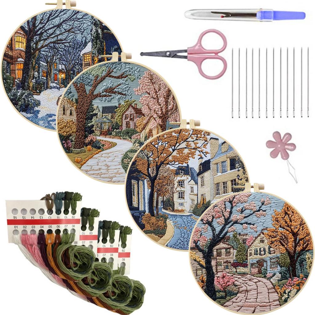 4 Pack Embroidery Starter Kit with Embroidery Hoop Needles Threads Instruction Stamped Cross Stitch Kits with Pattern for Adults