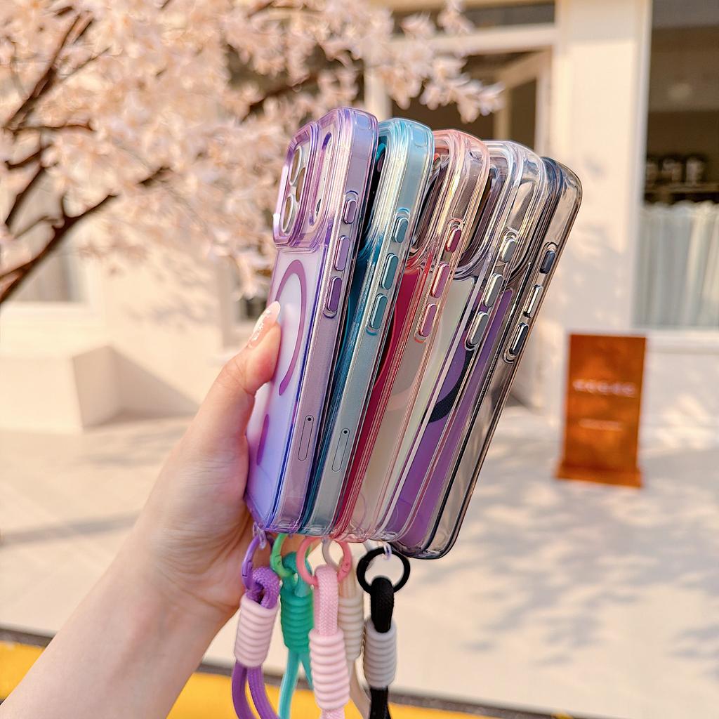 High-Quality Gradient Color Translucent Case with Wireless Charging and Magnetic Phone Strap for iPhone 14, 15, 16, 17 Pro Max E