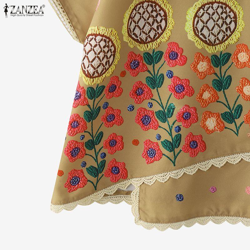 ZANZEA Damska bluzka z krótkim rękawem i okrągłym dekoltem w kwiaty