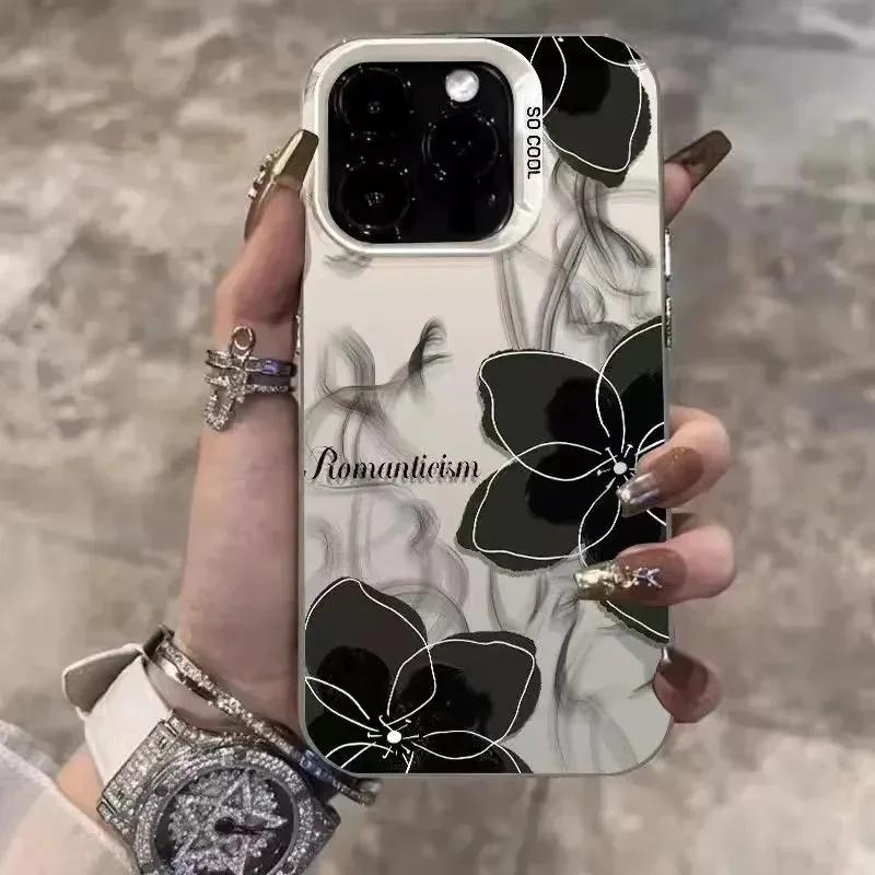 Vintage schwarzes Blumenmuster Handyhülle Für iPhone 17 11 13 12 Pro Max 16E 16 15 14 Plus Bunt Silber lMDStoßfeste Rückseite Handyhülle