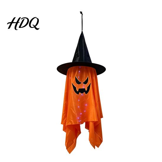 Lighted Ghost Wizard Pendant for Yard Halloween Hanging Decor with Hat LED Light Up Outdoor Decorations Windsock Porch Yard Spooky Fabric