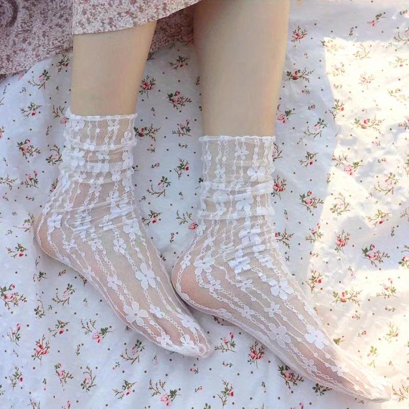 Women's Harajuku Ladies Breathable Transparent Floral Lace Socks Sweet Mesh Fishnet Socks Soft Funny Socks Hosiery