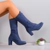 fashion Women Pointed Toe Mid Calf Chelsea Boots Suede Mid Heels Chunky Shoes 2024 Winter Fashion Walking Shoes Pumps Trend Femme Shoes