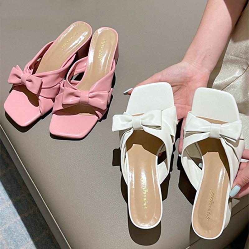 Fashion Cute Pink Bow Slippers Women Fashion Square Heel Open Toe Slides Sandals High Quality Patent Leather Cozy Non Slip Summer Shoes