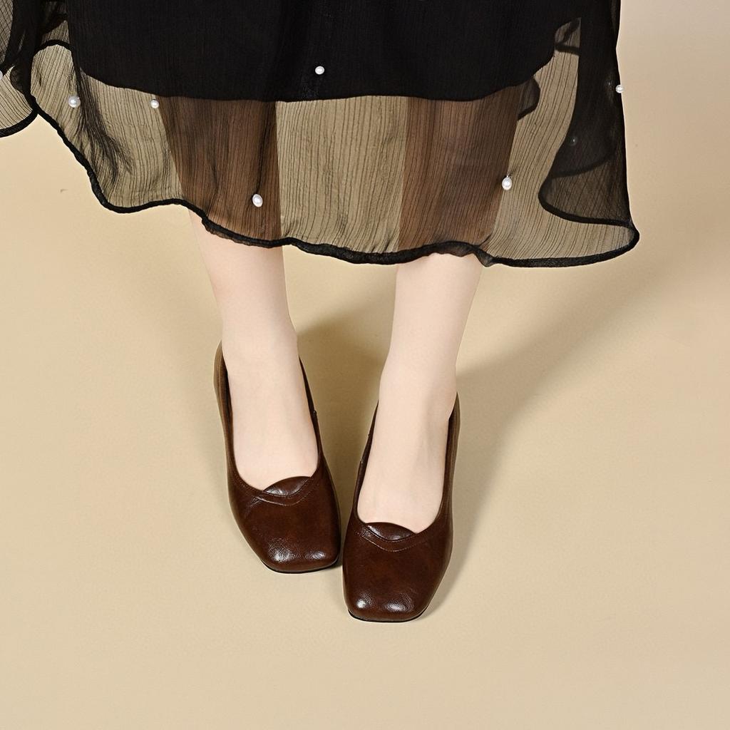 Square head flat shoes women's elegant shallow mouth single shoes simple temperament low heel commuting one pedal
