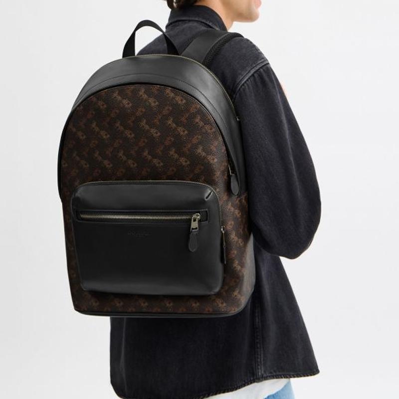 Coach West 32 Classic Logo Horse And Carriage Pattern Leather And Fabric Mixed Material Backpack Large Unisex Backpack Truffle CBX16-QBYBL