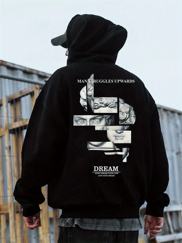 Men's Autumn and Winter Hoodies Street Style Pullover, Back Patterned Sweatshirt, Urban Fashion and Daily Wear, Jogging Exercise