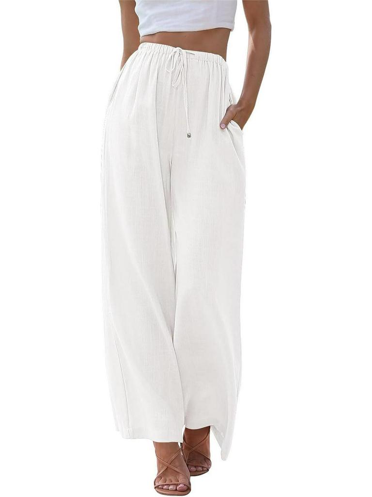 2024 Women's Linen Wide-Leg Drawstring Beach Pants with Pockets - European and American Style