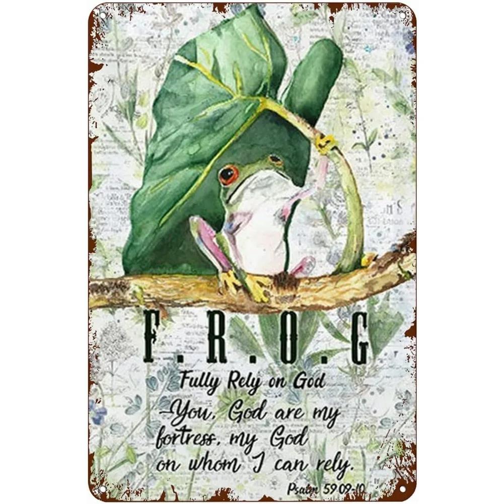 2D Frog Fully Rely On God Vintage Style Metal Tin Sign HomeLiving RoomKitchenDining RoomBedroomFarmhouse 20x30cm