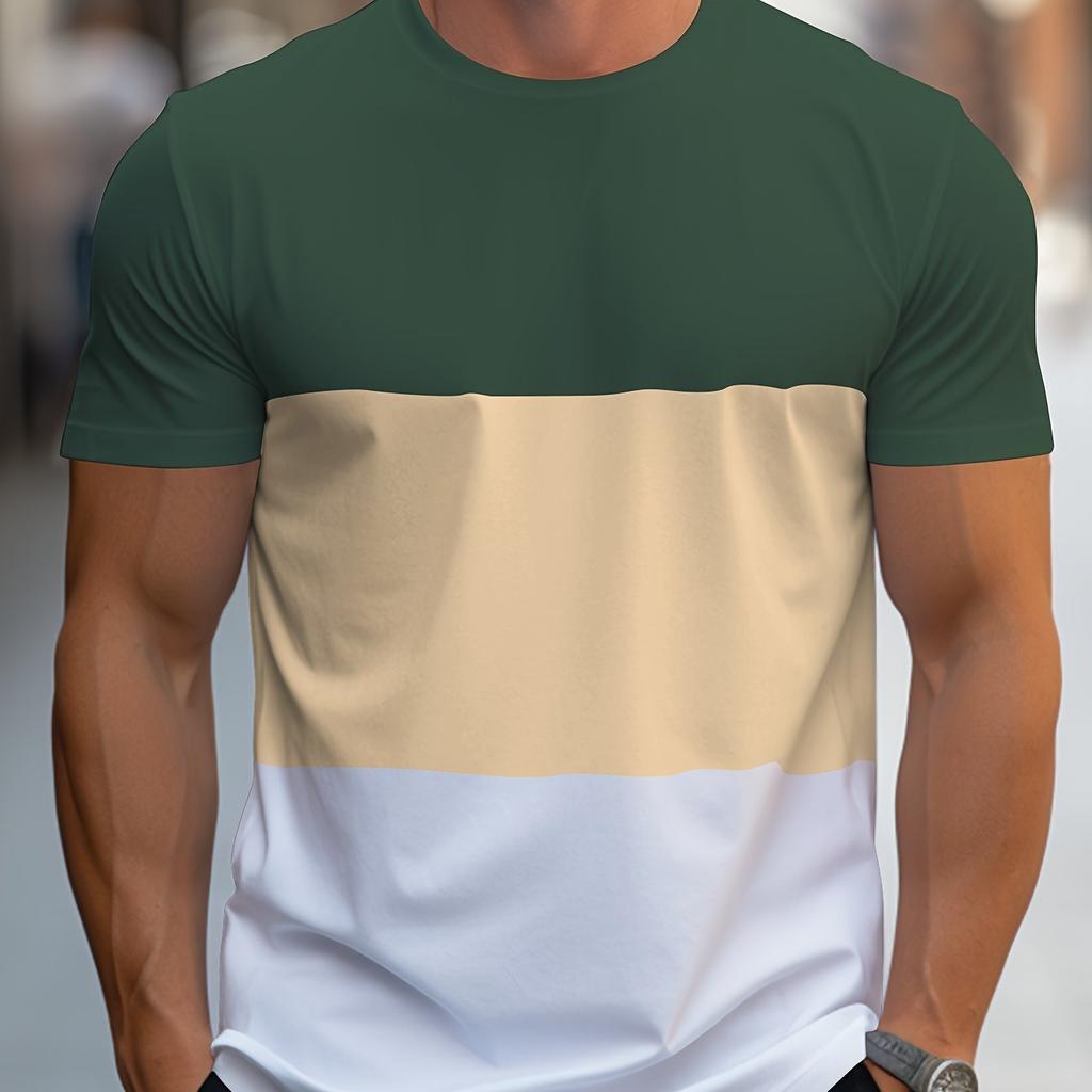 Men's Contrast Color Stripe Pattern Print T-shirt With Crew Neck And Short Sleeve, Casual And Comfy For Summer Leisurewear