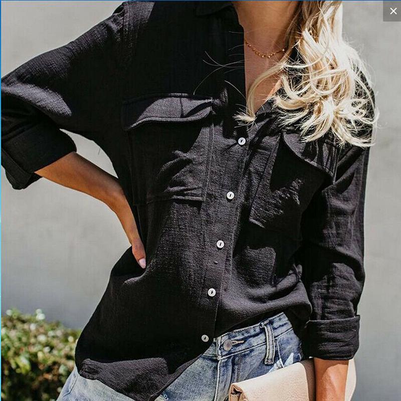

Женские топы с длинным рукавом, женская повседневная блузка на пуговицах, рубашка, футболка, топы Black,XL