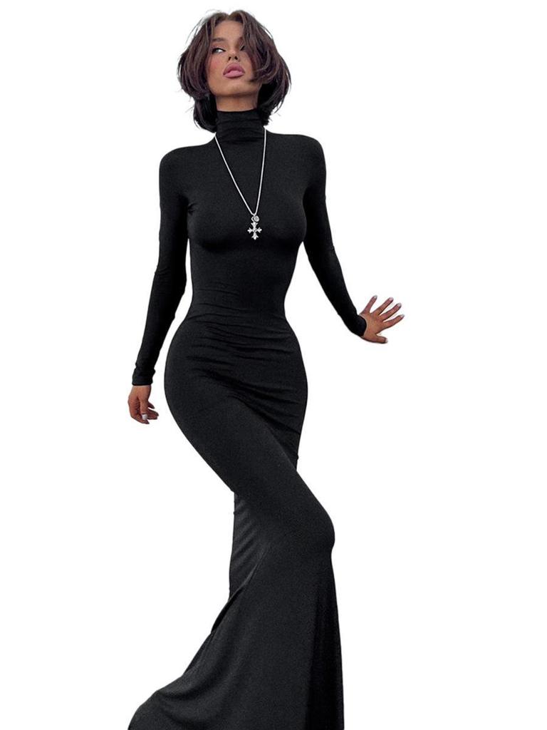 M23DS504 Rochie de damă, culoare uni, cu guler înalt, slim fit, coadă de pește - Colecția de toamnă europeană și americană