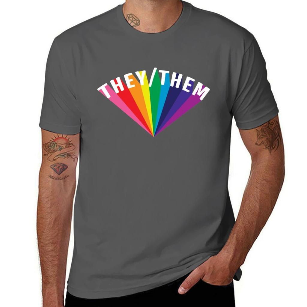 Theythem Pronouns Rainbow Burst Tshirt Summer Fashion Casual Tee Shirt